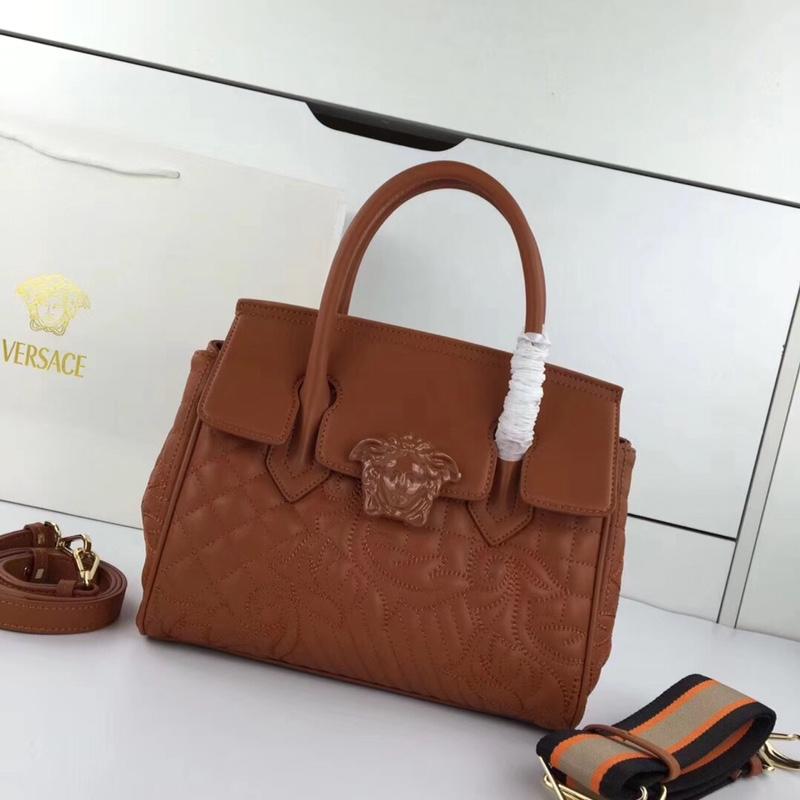 Versace Chain Handbags DBFF452 Full Skin Embroidered Caramel